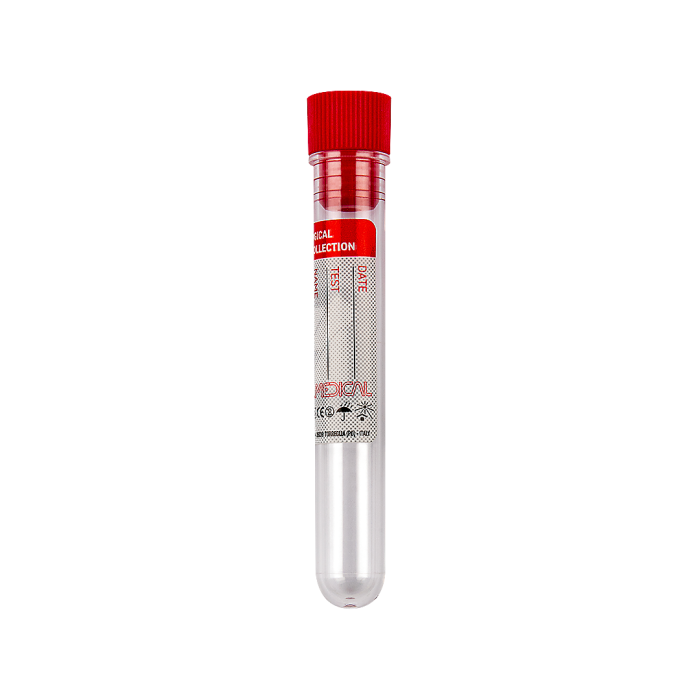 Provetta sterile in polistirene 5 ml 12 x 86 mm con tappo rosso ed etichetta FL Medical