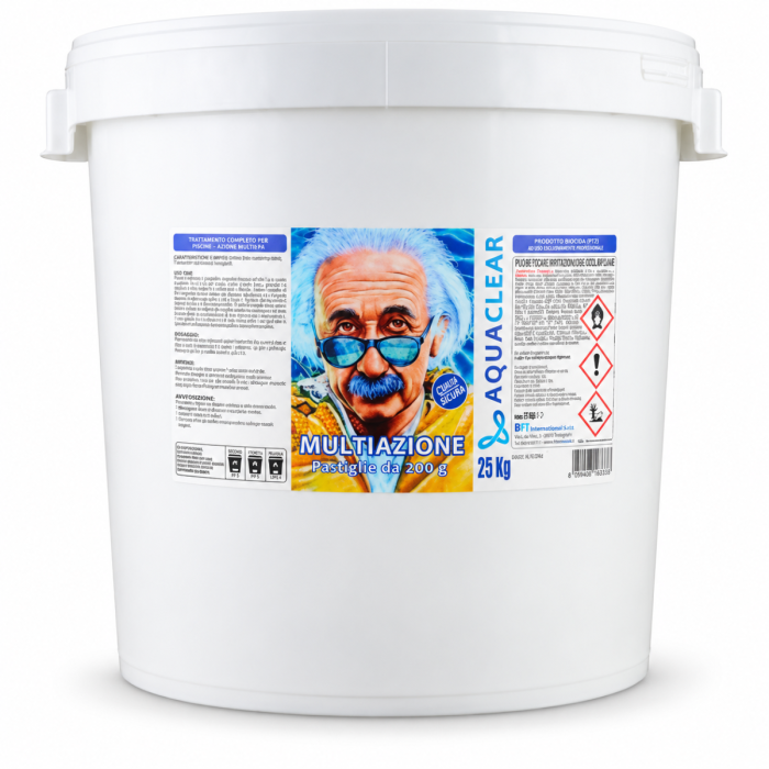 Pastiglie multiazione 4 in 1 per piscine da 200 g blisterate fusto 25 kg Aquaclear
