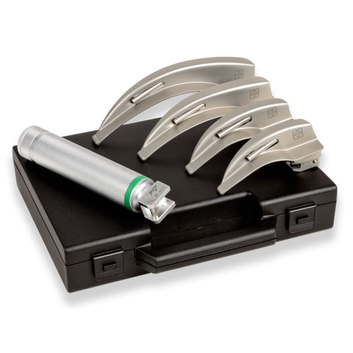 Set laringoscopio F.O. adulti GIMA Green 2,5 V LED (lame Mc Intosh 1-2-3-4)