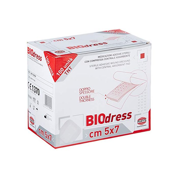Medicazione adesiva sterile 5 x 7 cm in tessuto non tessuto con compressa assorbente confezione da 100 pezzi Rays Biodress