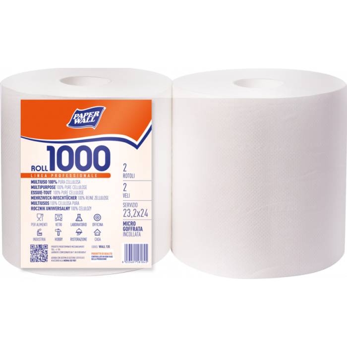 Bobina di carta asciugatutto 2 veli 800 strappi in pura cellulosa confezione 2 rotoli Realcarta Paper Wall 1000