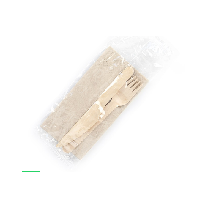 Bis posate in legno imbustate forchetta+coltello-tovagliolo confezione 100 pezzi