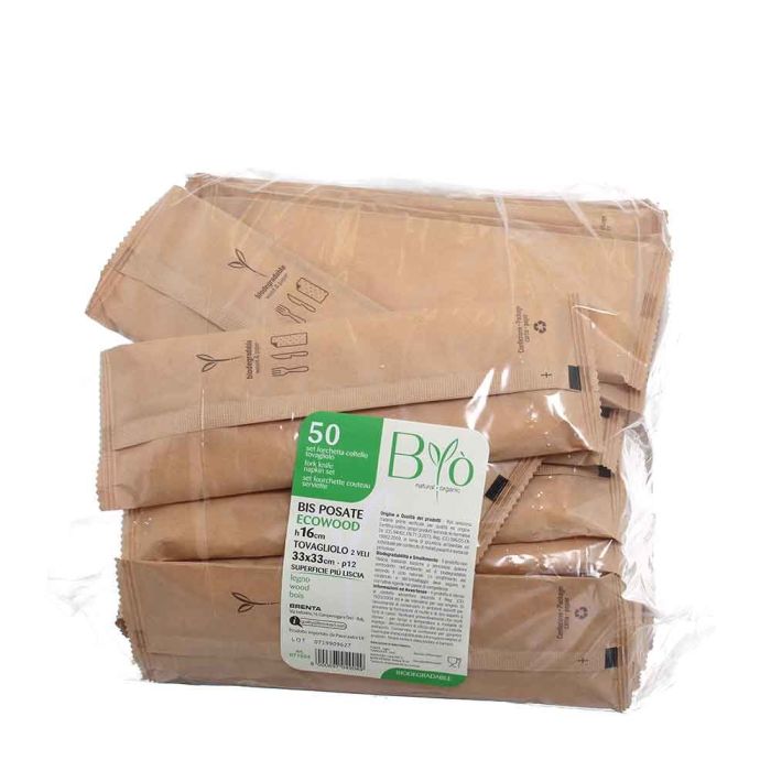 Bis posate in legno 16 cm con tovagliolo confezione da 100 pezzi Byo Ecowood