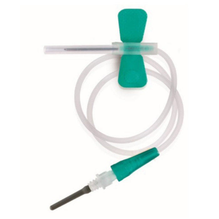 Set prelievo ago farfalla, dispositivo di sicurezza e adattatore luer 21 G verde 50 pezzi