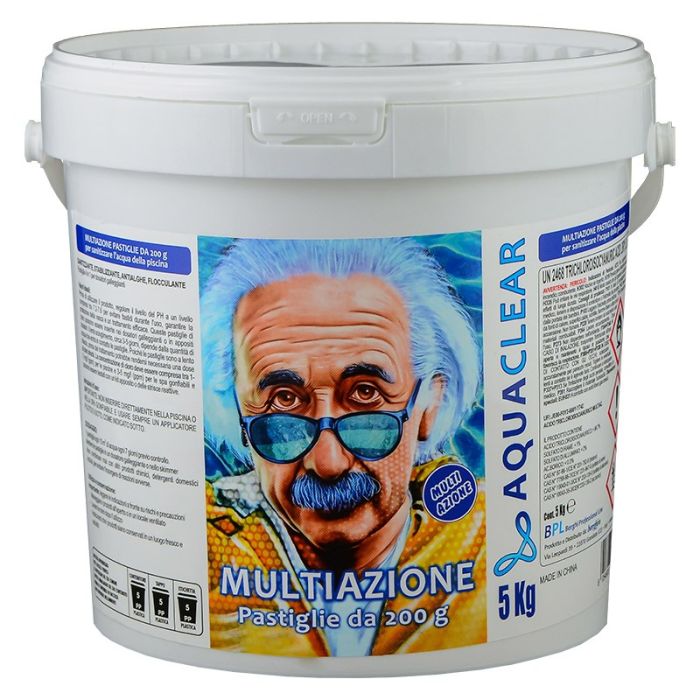 Pastiglie multiazione 4 in 1 per piscine da 200 g blisterate secchiello 5 kg Aquaclear