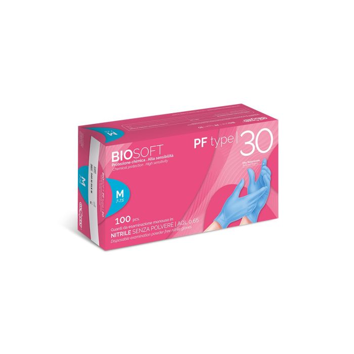 Guanto monouso in nitrile azzurro senza polvere taglie XS-XL confezione da 100 pezzi Rays BIOSOFT PF Type 30