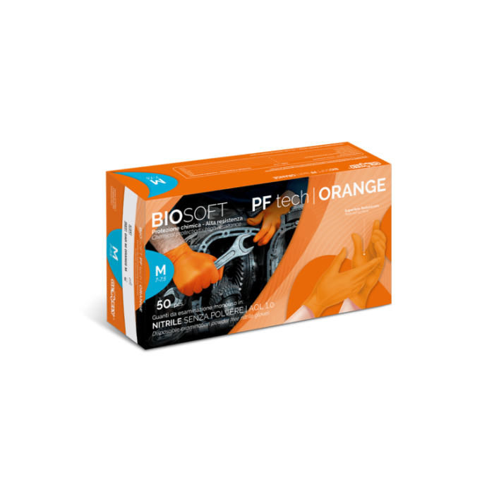 Guanto monouso in nitrile arancione senza polvere taglie M-XXL confezione da 50 pezzi Rays BIOSOFT PF Tech Orange