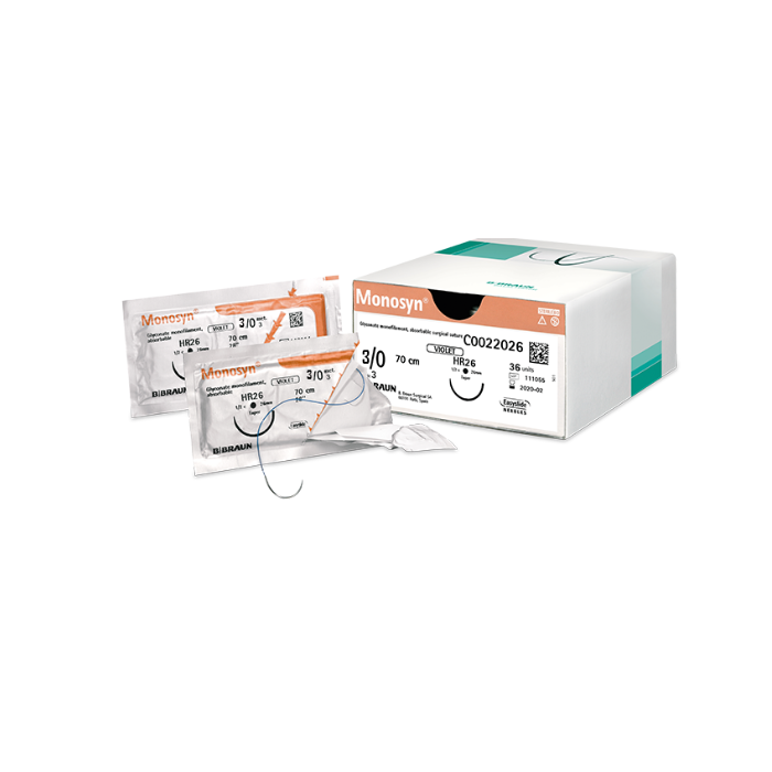 B-BRAUN MONOSYN suture assorbibili in gliconato, ago 3/8 DS 24 mm, USP 2/0 - filo incolore 70cm - 36 pz.