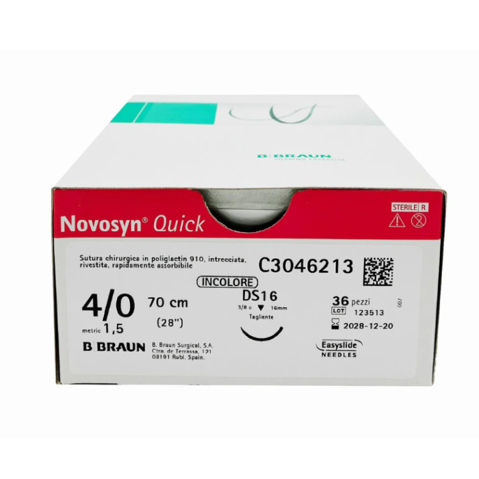 B-braun NOVOSYN QUICK INCOLORE sutura assorbibile intrecciata a rapido assorbimento, ago 3/8 DS 19, USP 4/0, 70 cm pz. 36