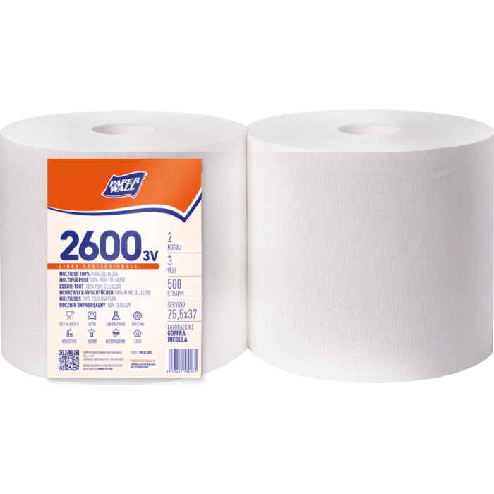 Bobina di carta asciugatutto 3 veli 500 strappi in pura cellulosa confezione 2 rotoli Realcarta Paper Wall 2600