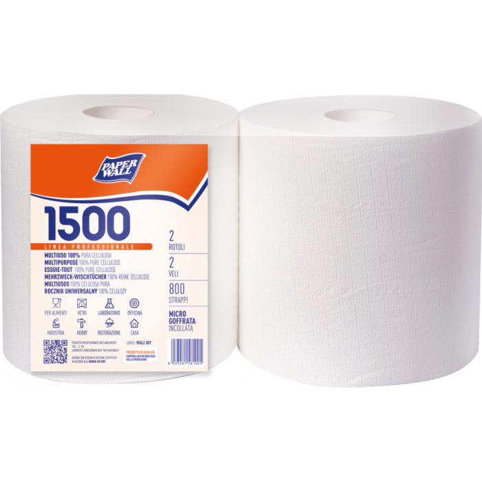 Bobina di carta asciugatutto 2 veli 800 strappi in pura cellulosa confezione 2 rotoli Realcarta Paper Wall 1500