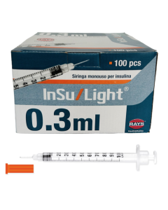 Rays siringa per insulina con spazio nullo con ago fisso 1 ml 30G-0,3x8mm conf. 100 pezzi