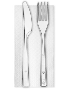 Bis posate plastica trasparente imbustate forchetta+coltello+tovagliolo 1 velo confezione da 100 pezzi