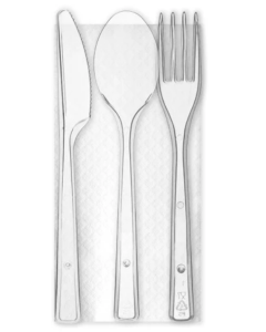 Tris posate imbustate in plastica trasparente riutilizzabili confezione da 100 pezzi