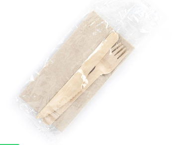 Bis posate in legno imbustate forchetta+coltello-tovagliolo confezione 100 pezzi