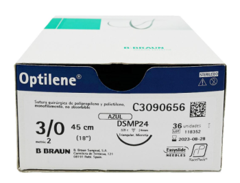 B-braun OPTILENE sutura non assorbibile in polipropilene ago 3/8 ds 19 mm, USP 3/0, filo blu 75 cm conf. 36 pezzi