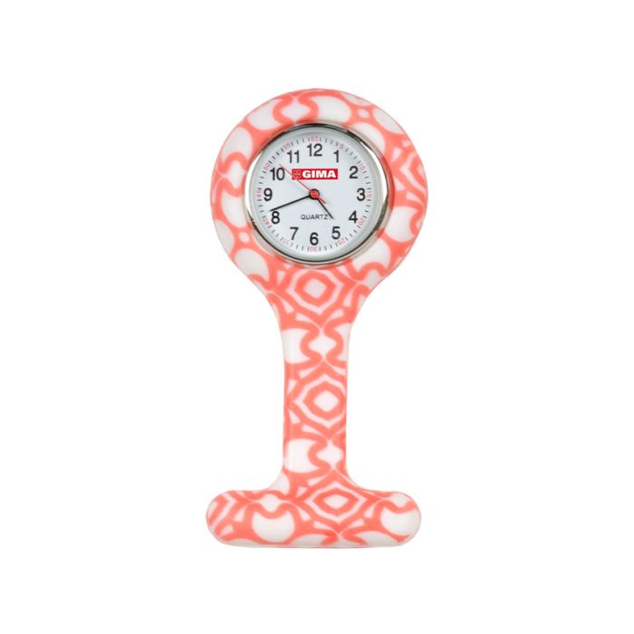 Orologio per infermiere con fantasia bianco e rosa rotondo Gima