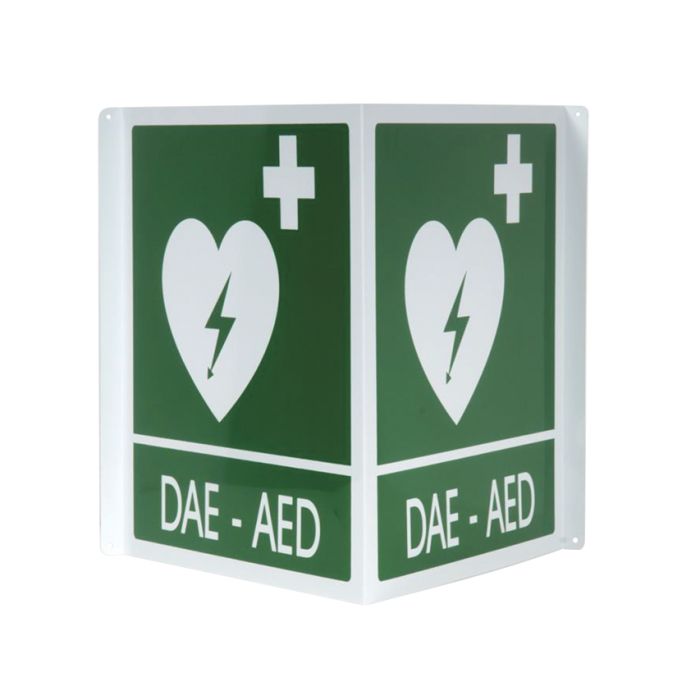 Cartello segnalatore DAE/AED doppio in alluminio per defibrillatori 34x36 cm