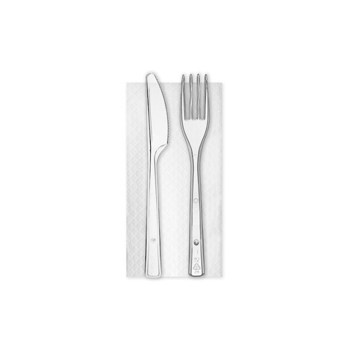 Bis posate plastica trasparente imbustate forchetta+coltello+tovagliolo 1 velo confezione da 100 pezzi
