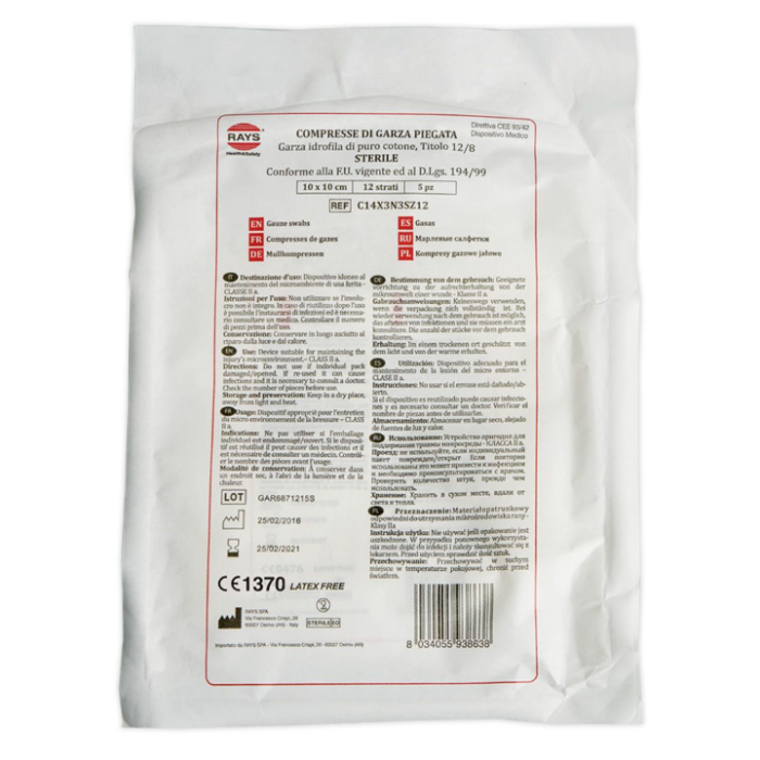 Garze sterili in cotone piegate 16 strati 10 x 20 cm in confezione da 5 pezzi - Rays