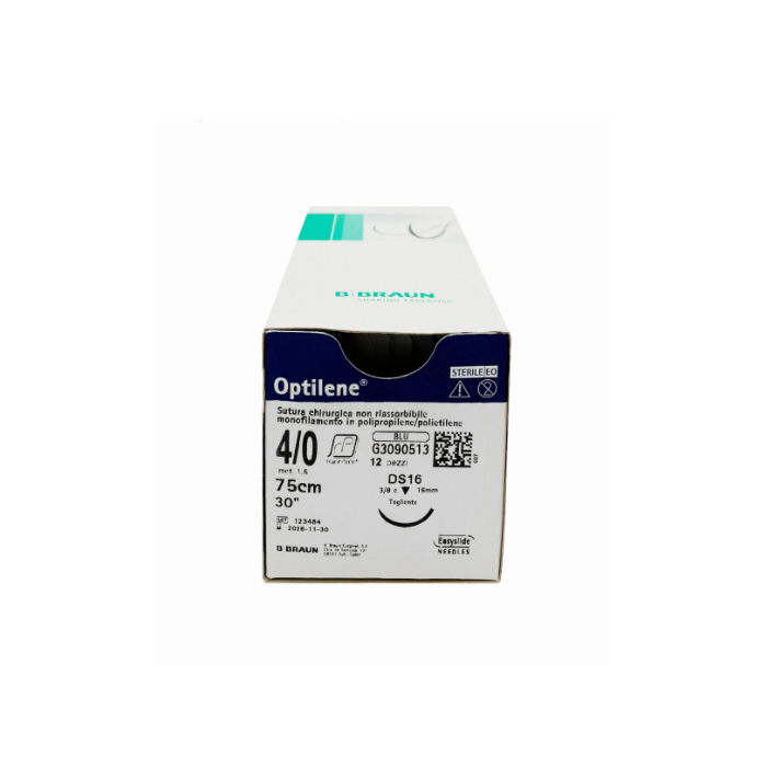 B-braun OPTILENE sutura non assorbibile in polipropilene ago 3/8 ds 16 mm, USP 6/0, filo blu 45 cm conf. 12 pezzi