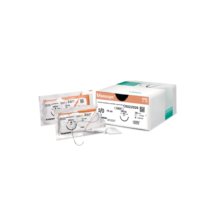 B-BRAUN MONOSYN suture assorbibili in gliconato, ago 3/8 DS 19 mm, USP 5/0 - filo incolore 70cm - 36 pz.