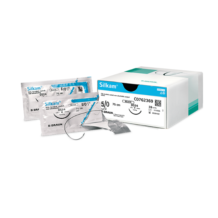B-braun SILKAM sutura non assorbibile in seta ago 1/2 hr 22, USP 2/0 filo nero 75 cm conf. 36 pezzi 