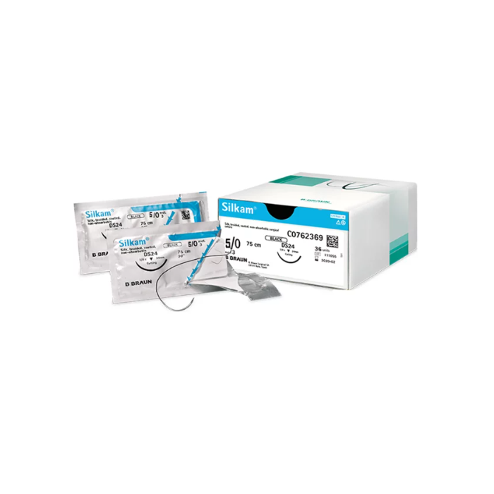 B-braun SILKAM sutura non assorbibile in seta ago 3/8 ds 19, USP 5/0 filo nero 75 cm conf. 36 pezzi