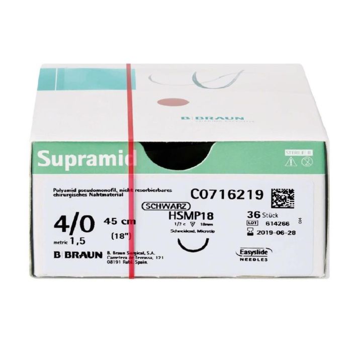 Sutura monofilamento non assorbibile in poliammide B-BRAUN SUPRAMID NERO 4/0 (1,5) 75cm ds 19