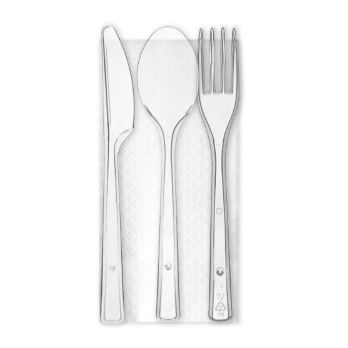 Tris posate imbustate in plastica trasparente riutilizzabili confezione da 100 pezzi