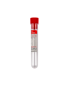 Provetta sterile in polistirene 5 ml 12 x 86 mm con tappo rosso ed etichetta FL Medical