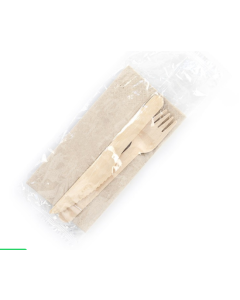 Bis posate in legno imbustate forchetta+coltello-tovagliolo confezione 100 pezzi