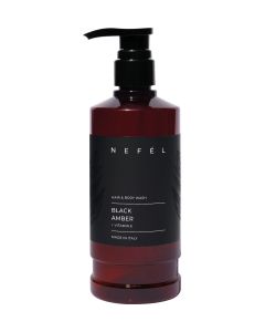 Doccia shampoo 2 in 1 per corpo e capelli con vitamina E 480 ml con dispenser fragranza orientale Nefél Black Amber Hair & Body Wash